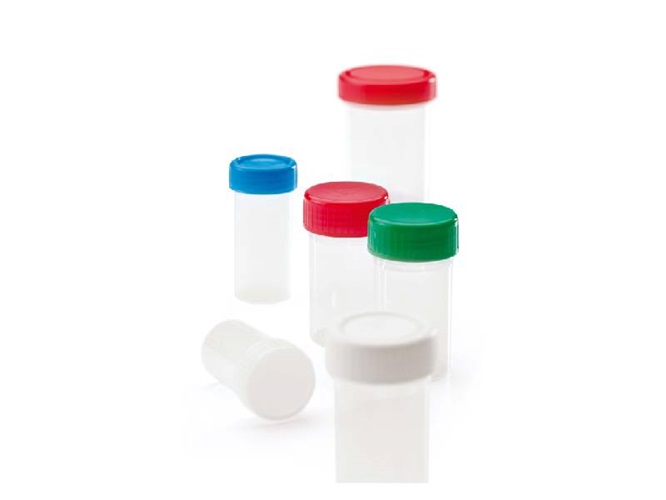 Disposable transparent container, around 60 ml, not serigraphed, red screw lid whit gasket