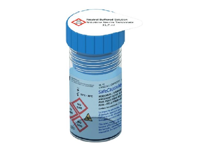 SafeCapsule: Container with blue screw cap, pre-filled with buffer solution