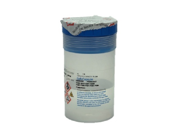 SafeCapsule Contenitore con tappo a vite blu, preriempito con soluzione tampone, 91 ml