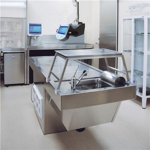 Pedestal autopsy table Zefiro with automatic elevating mechanism of the table top